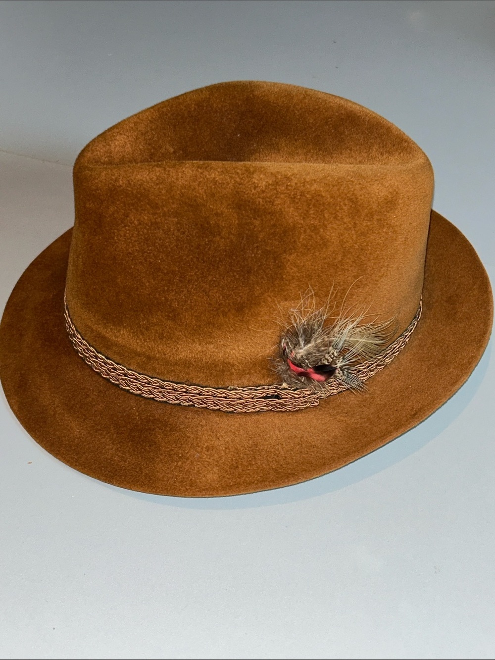 Dobbs Classic Felt Fedora Hat in Rich Caramel Brown with Feather Trim SZ “7